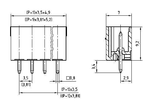'Diagram van een elektrische stekkerverbinding met afmetingen in millimeters: breedte 4,9, hoogte 9,2, stekerpenafstand 3,5.'