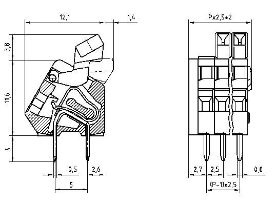 Technische tekening van een elektrische stekkerverbinding met afmetingen. Links aanzicht van opzij, rechts bovenaanzicht. Maten in millimeters.