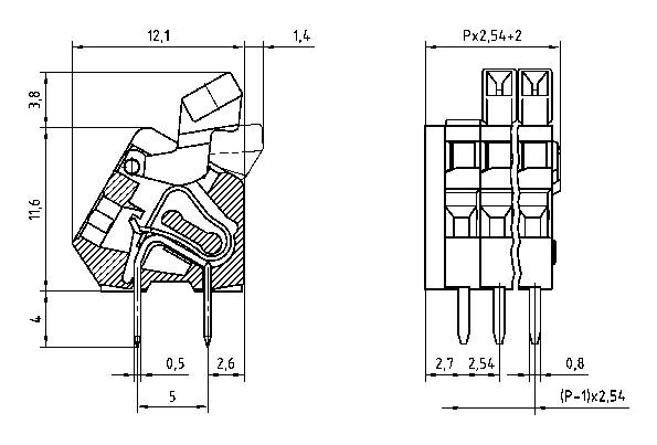 Technische tekening van een elektronische connector met afmetingen en gedetailleerd zicht op de aansluitpinnen vanuit verschillende perspectieven.