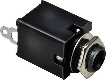 Een zwarte jackplug-inzetstuk met metalen contact en kunststof behuizing, zijdelingse houder zichtbaar.