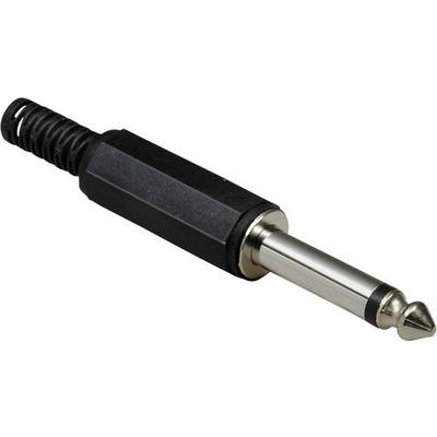Een enkele zwarte jackplug op een witte achtergrond. De stekker heeft een metalen behuizing en een zwarte kunststof mantel.