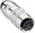 Zilveren 5-polige XLR-stekker voor audio- of lichtapparatuur, toont contactpennen en vergrendelingsmechanisme.