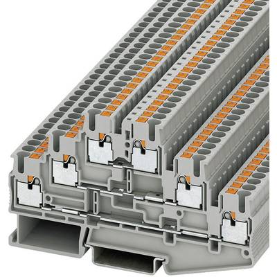 Elektrische railklemmen in een stapel, met een grijs behuizing en oranje contacten, tonen hun modulaire opbouw.