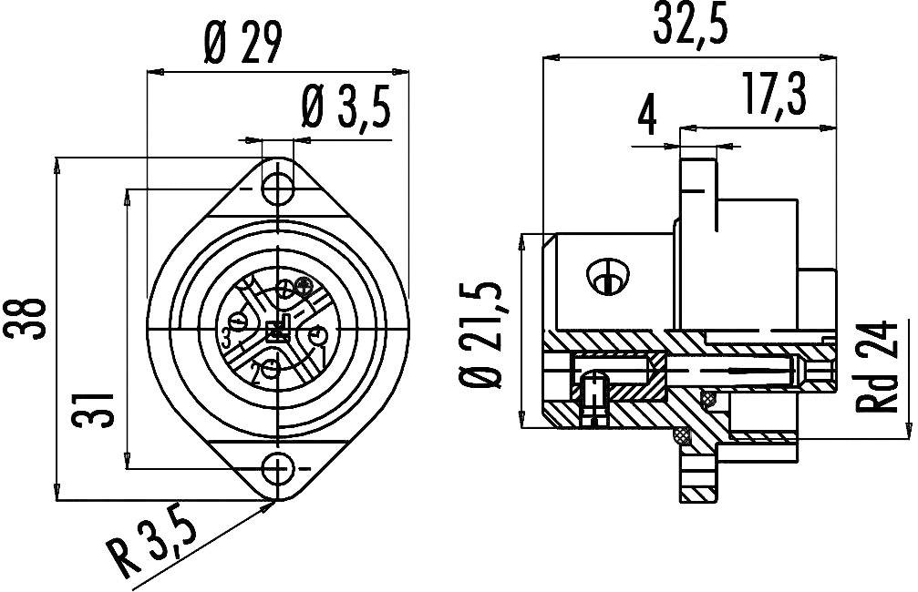 Technische tekening van een elektrische stekkerverbinding met afmetingen. Vooraanzicht toont cirkelvormige details, zijaanzicht toont doorsnede.