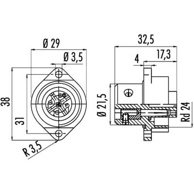 Technische tekening van een elektrische stekkerverbinding met afmetingen. Vooraanzicht toont cirkelvormige details, zijaanzicht toont doorsnede.