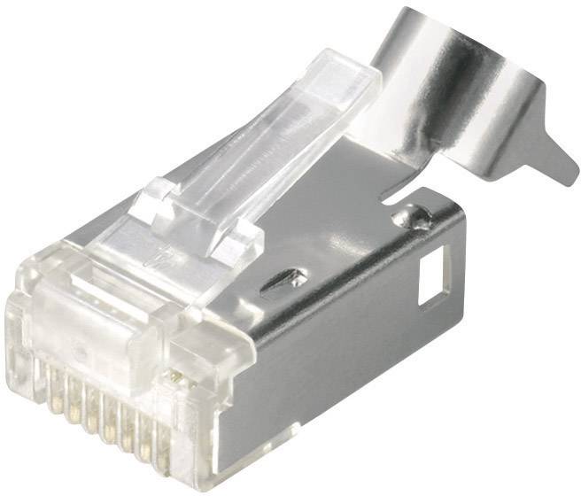 Een RJ45-stekker van zilverkleurig metaal en transparant kunststof, geschikt voor Ethernet-verbindingen.