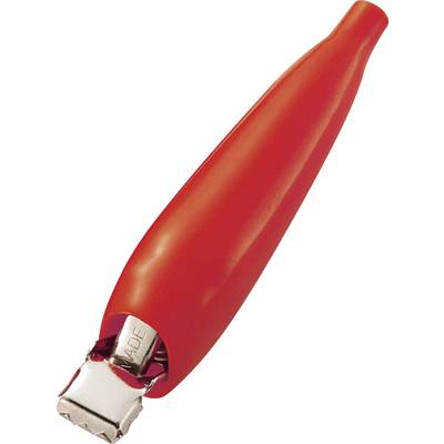 Rode kabelschoen-klemverbinder met getand metalen clip, gebruikt voor het verbinden van elektrische kabels.