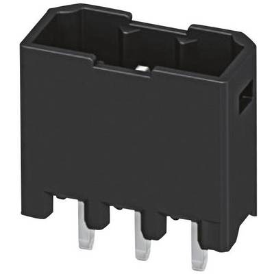 Een zwarte, rechthoekige elektrische stekker met drie metalen contactpennen aan de onderkant.