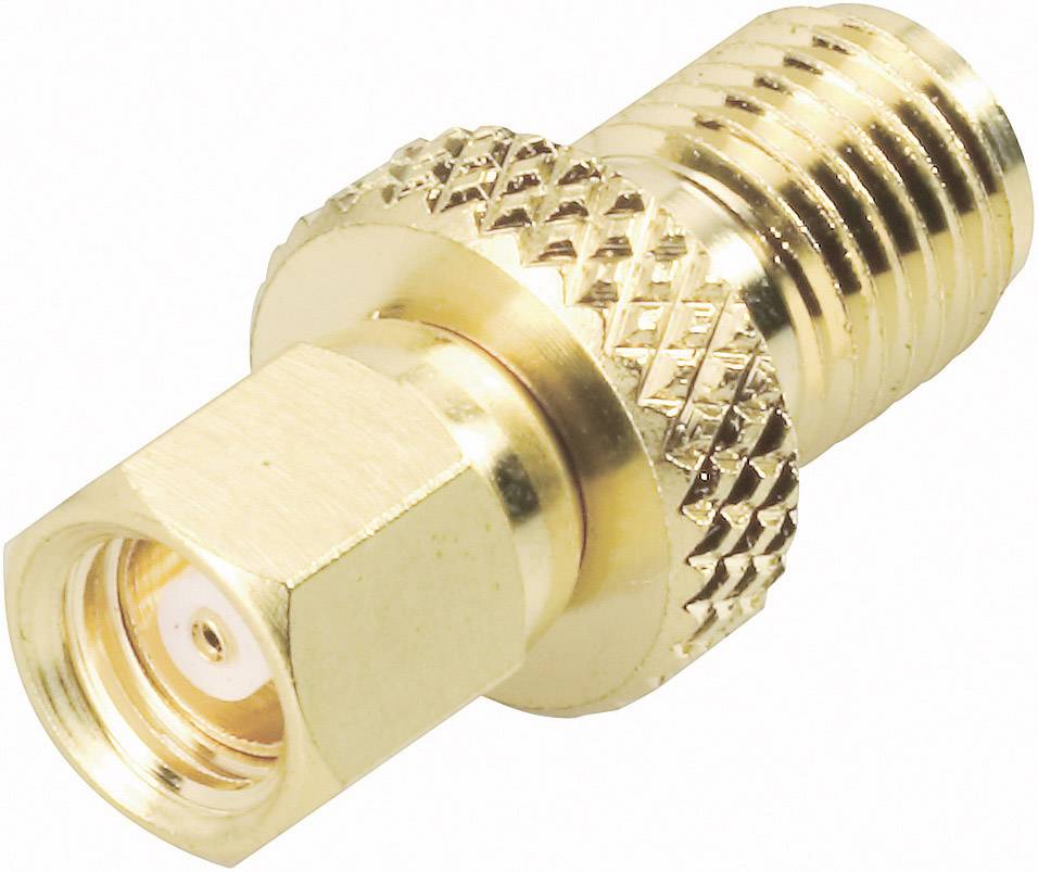 Een goudkleurige coaxiale adapter met gekartelde ring, geschikt voor verbindingen tussen verschillende kabeltypen in elektronische apparaten.