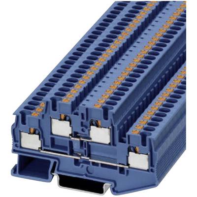Blauwe elektrische aansluitblok met meerdere rijen aansluitingen, gebruikt voor bekabeling in elektrische schakelkasten.