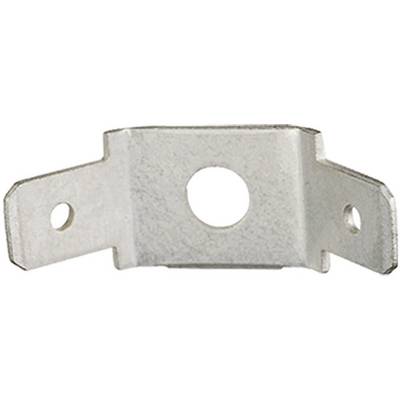 Metalen klem met drie gaten, twee aan de zijkanten en één in het midden. Gebruikt voor bevestiging of montage.
