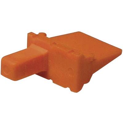 Een oranje kunststof onderdeel in de vorm van een platte wig met een uitstekende, rechthoekige lip.