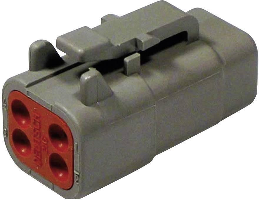 Grijze elektrische stekker met vier rode pinnen, geschikt voor aansluiting in elektrische systemen.
