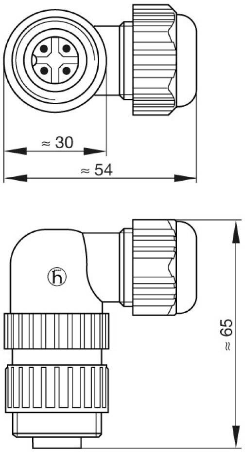 Technische tekening van een 90-graden hoekstekker met afmetingen: lengte 54 mm, breedte 30 mm, hoogte 65 mm.