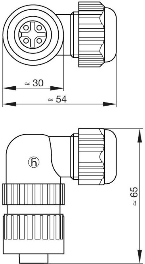 Technische tekening van een haakse stekker met afmetingen: lengte 54 mm, breedte 30 mm, hoogte 65 mm. Toont detailaanzicht van boven en van opzij.