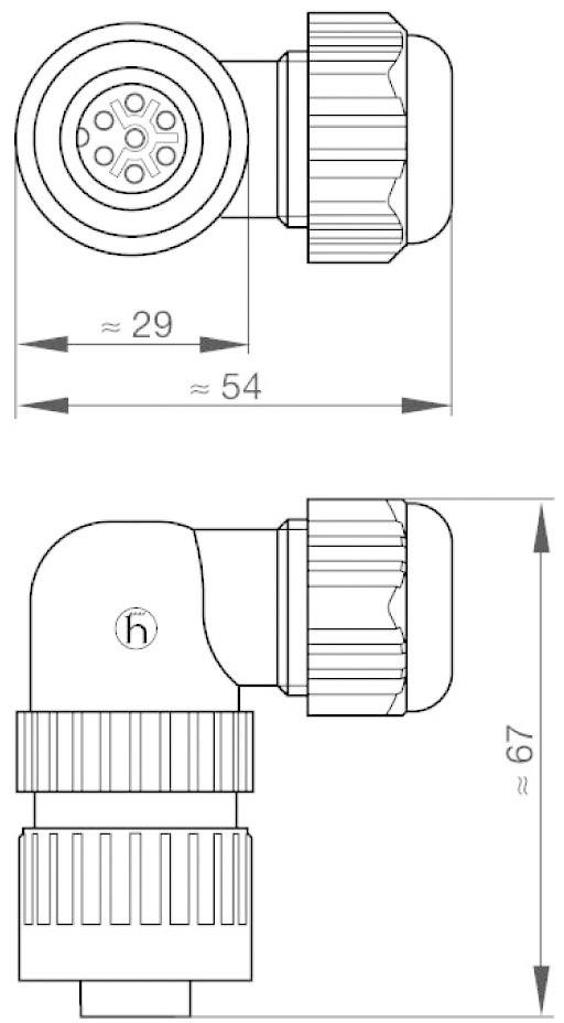 Technische tekening van een hoekflens met afmetingen: bovenzijde 29 mm, totaal 54 mm, hoogte 67 mm. Bevat groefjes en schroefdraad.