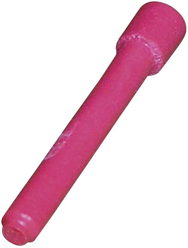 Een roze plastic staaf ligt schuin op een witte achtergrond.