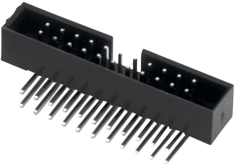 Een zwarte, rechthoekige elektronische stekker met meerdere metalen pinnen die aan één kant uitsteken wordt getoond.