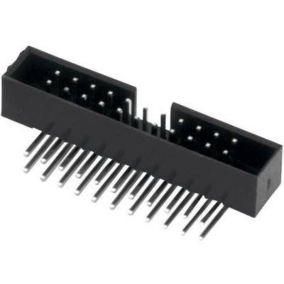 Een zwarte, rechthoekige elektronische stekker met meerdere metalen pinnen die aan één kant uitsteken wordt getoond.