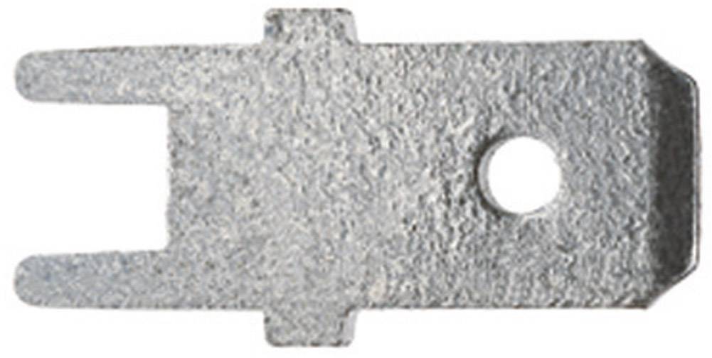 Een rechthoekig, zilverkleurig metalen onderdeel met een gat aan de rechterkant en twee tanden aan de linkerkant.