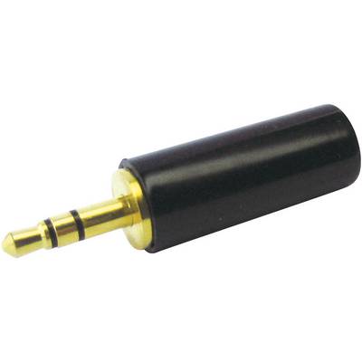 Een 3,5-mm-jackplug-adapter met gouden aansluiting en zwarte kunststof behuizing.