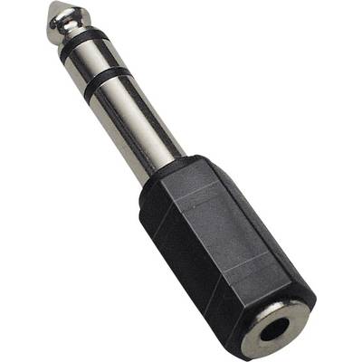 Een zwart-zilveren audioadapter die converteert van een 3,5 mm jackplug naar een 6,35 mm aansluiting.