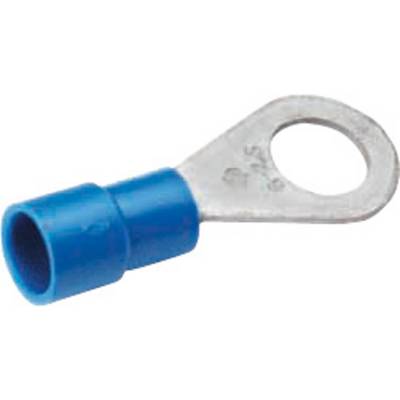 Een blauwe kabelschoen met metalen oog voor het aansluiten van elektrische leidingen.