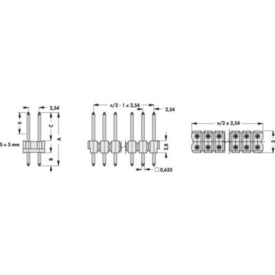 Technische tekening van drie elektrische stekkers met gedetailleerde maatvoering in millimeters. Links een enkele stekker, in het midden en rechts bovenaanzichten naast elkaar gegroepeerd.