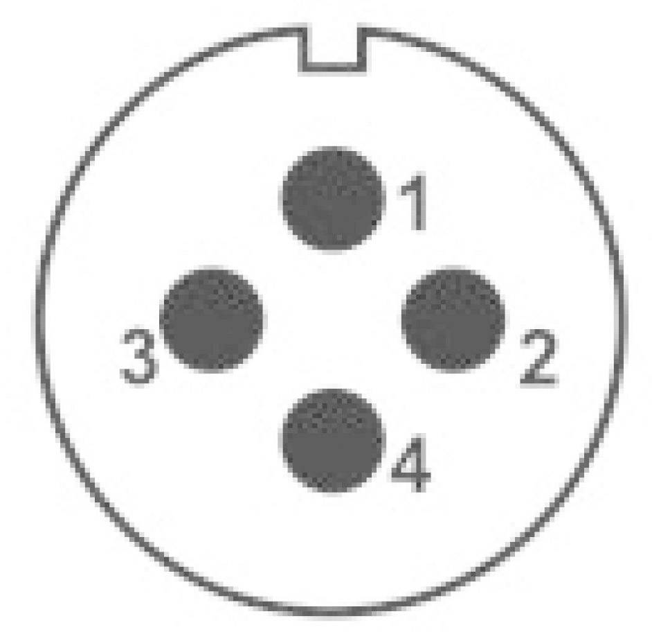 Diagram toont een ronde stekker met vier genummerde pinnen in symmetrische configuratie.