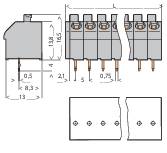 Technische tekening van een bevestigingselement met afmetingen en schroefposities. Toont vooraanzicht en zijaanzicht evenals detailweergaven.