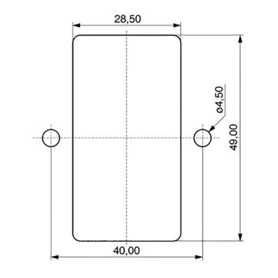 Rechthoekige technische tekening: Rechthoek met afmetingen 40,00 x 49,00 mm, twee boorgaten (⌀ 4,50 mm) op de middenlijn, onderlinge afstand 28,50 mm.