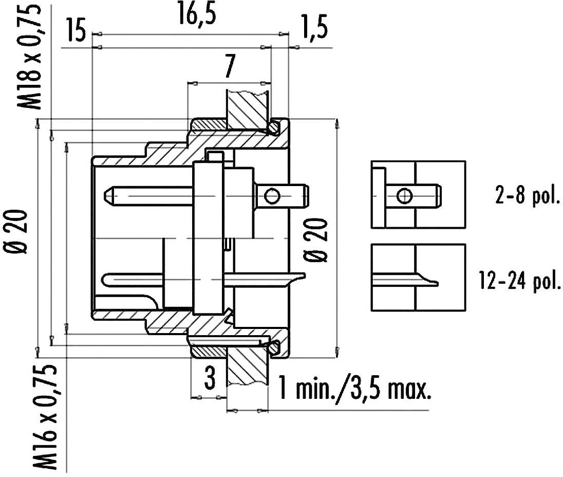 Technische tekening van een elektrische stekkerverbinding met maatvoering. Toont aanzichten en doorsnede met afmetingen in millimeters.