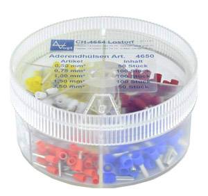 Doos met gekleurde adereindhulzen in verschillende maten; hoofdkleuren zijn rood, blauw, geel en wit; transparant met deksel.