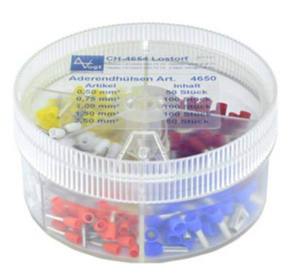 Vogt Verbindungstechnik 737035 Assortiment adereindhulzen 0.5 mm², 0.75 mm², 1 mm², 1.5 mm², 2.5 mm² Deels geïsoleerd Oranje, Wit, Geel, Rood, Blauw 400 stuk(s)