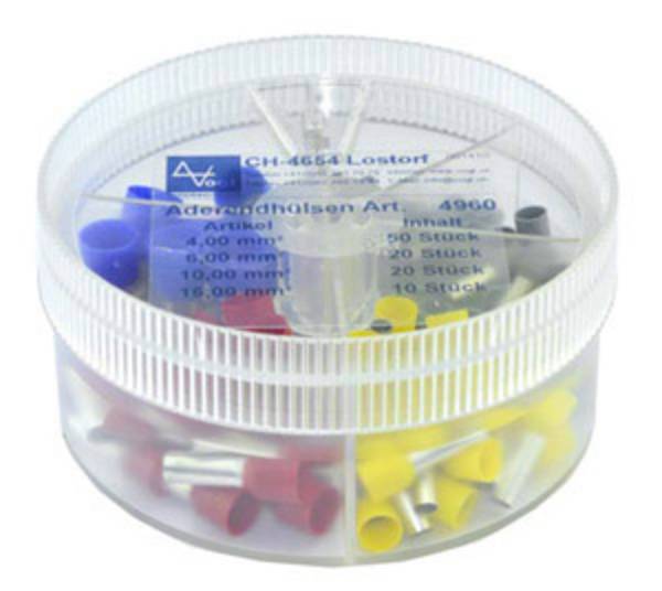 Vogt Verbindungstechnik 737086 Assortiment adereindhulzen 4 mm², 6 mm², 10 mm², 16 mm² Deels geïsoleerd Grijs, Geel, Rood, Blauw 100 stuk(s)