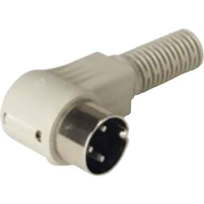 Een grijze DIN-stekker met een haaks aansluitpunt, kenmerkend voor audio- of videoapparatuur, ligt op een witte achtergrond.