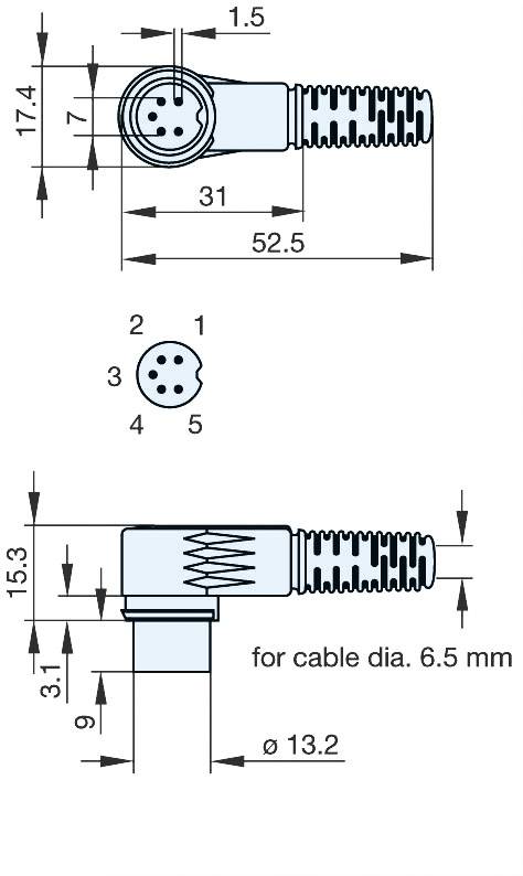 Technische tekening van een hoekstekker met 5-polige aansluiting. Afmetingen in millimeters, geschikt voor kabeldoorsnede 6,5 mm.