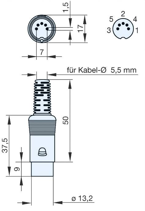 Technische tekening van een connector, toont afmetingen en pin-nummers voor een 5-polige aansluiting. Geschikt voor kabeldoorsnede tot 5,5 mm.