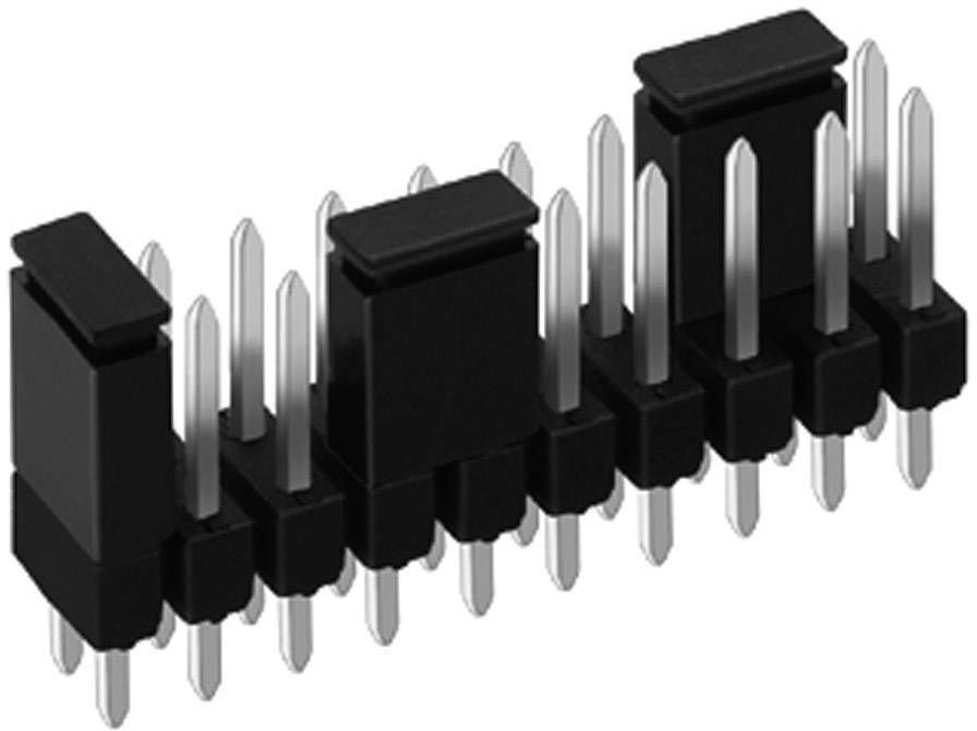 Een zwarte en zilveren stekker met twee rijen metalen pinnen wordt gebruikt voor het verbinden van elektronische componenten.