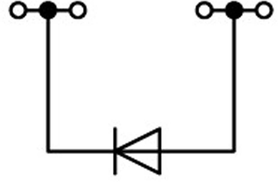 Schema van een diodecircuit met twee aansluitingen, verbonden door een diode in voorwaartse richting, die stroomdoorgang mogelijk maakt.