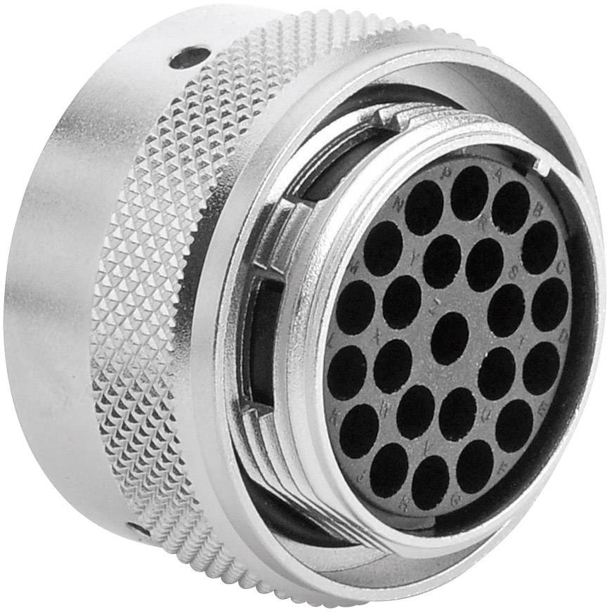 Een ronde, zilveren stekker met meerdere gaten voor elektrische aansluitingen, toont details van het oppervlak en de constructie.