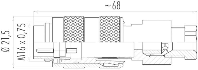 Technische tekening van een cilindrische connector met een diameter van 21,5 mm en een lengte van ongeveer 68 mm.