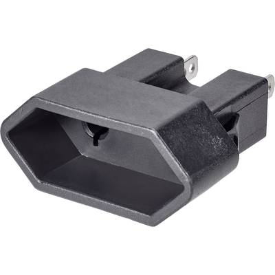 Een zwarte elektrische adapterstekker met metalen pinnen.