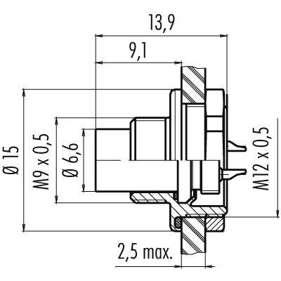 Technische tekening van een stekkerverbinding met maatvoering in millimeters, inclusief doormeters (Ø) en lengtes.