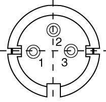 Technische tekening van een driepolige ronde stekker met de nummers 1, 2 en 3 naast de stekercontacten.