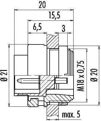Technische tekening van een onderdeel met verschillende afmetingen: lengte 20, diameter 21, buitendraad M18 x 0,75, max. 5.