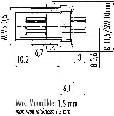 Technische tekening van een stekker met maatvoering: M9 x 0,5, lengte 10,2 mm, schroefdraaddiepte 6,7 mm, diameter 0,6 mm, maximale wanddikte 1,5 mm.