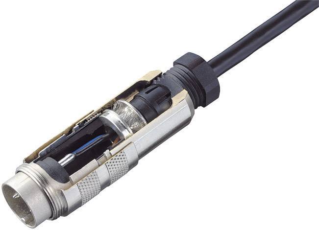 Metalen stekker met blootgelegd binnenwerk, toont elektrische bedrading en componenten aan de binnenkant.