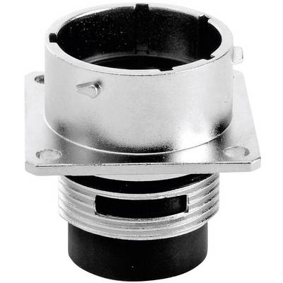 Rond, zilver metalen behuizing met zwart kunststof uiteinde, mogelijk een elektrische connector of adapter.