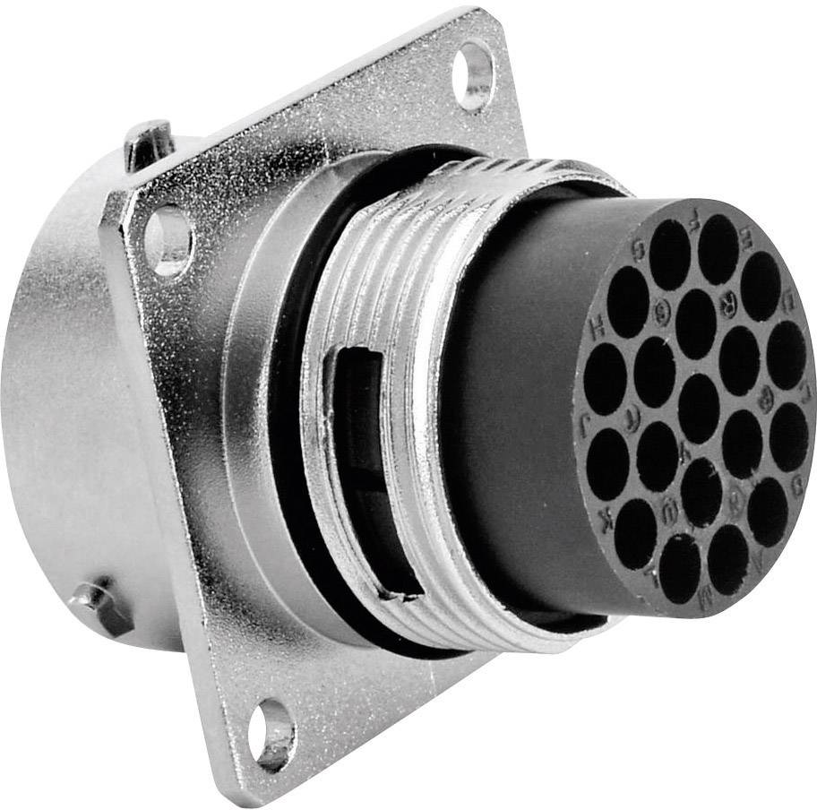 Een ronde, multipolaire stekker met een metalen behuizing, gemonteerd op een metalen plaat. Geschikt voor industriële verbindingen.